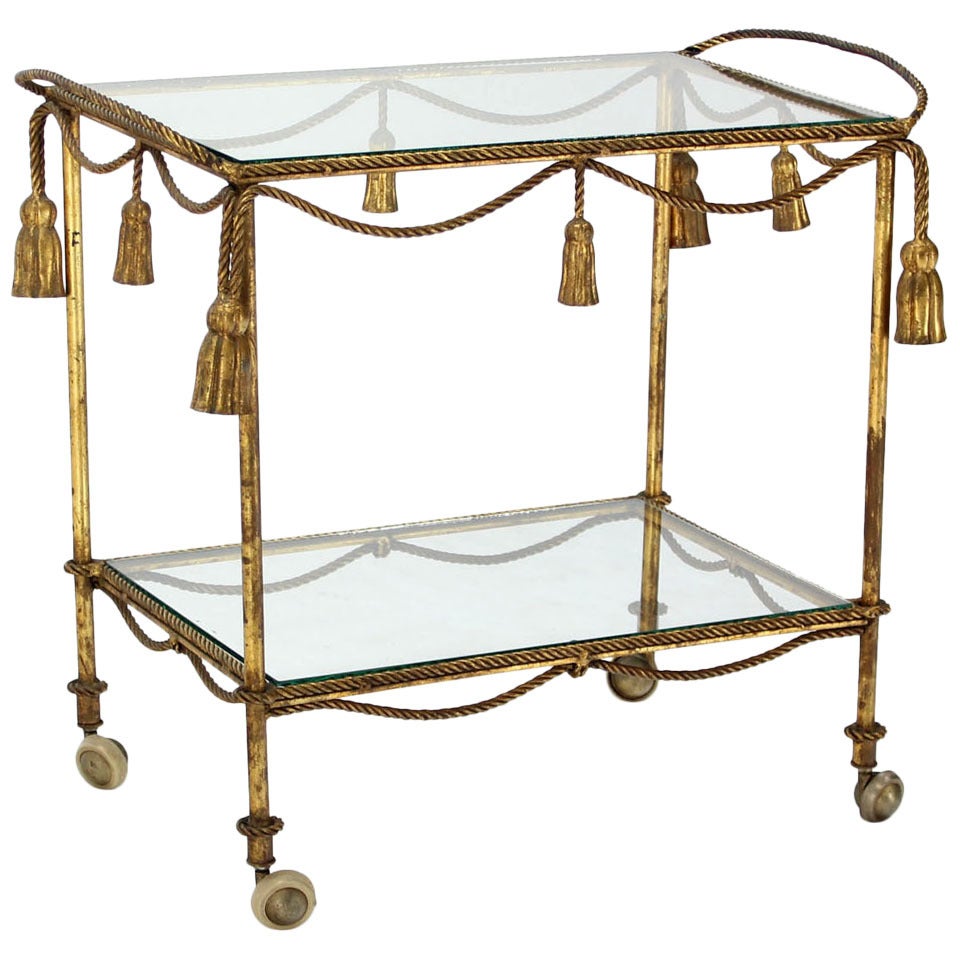 Midcentury Italian Gilt Metal Rope and Tassel Bar or Tea Cart