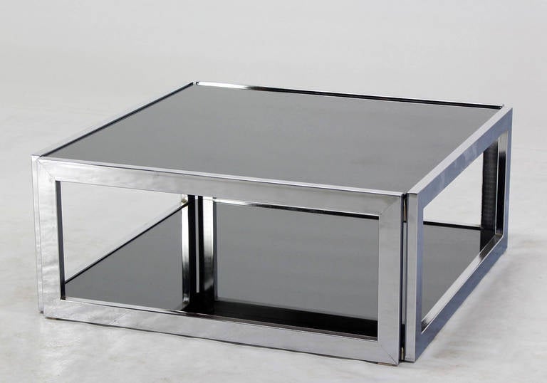 Square Chrome and Smoked Glass Coffee Table Mid-Century Modern 2 Tier. 1