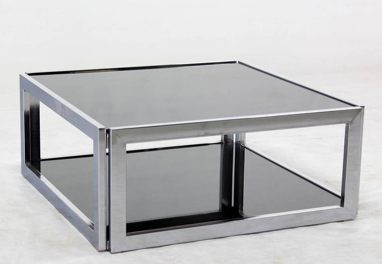 Square Chrome and Smoked Glass Coffee Table Mid-Century Modern 2 Tier ...