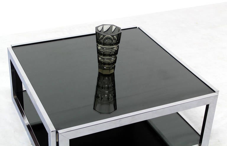 Polished Square Chrome and Smoked Glass Coffee Table Mid-Century Modern 2 Tier.
