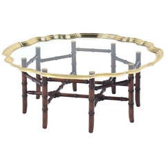 Vintage Hollywood Regency Style Brass Trim and Glass Tray-Top Faux Bamboo Coffee Table