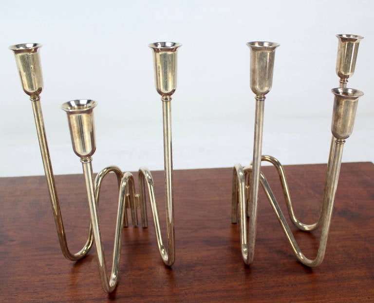 Late 20th Century Pair of Italian Silver Plate Candleholders, Mid-Century Modern