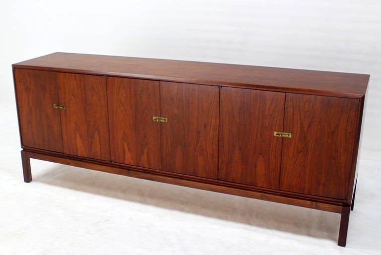 Late 20th Century Mid-Century Modern Long Walnut Credenza with Brass Door Latches