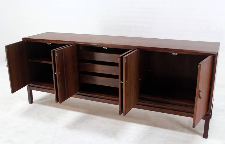 American Mid-Century Modern Long Walnut Credenza with Brass Door Latches