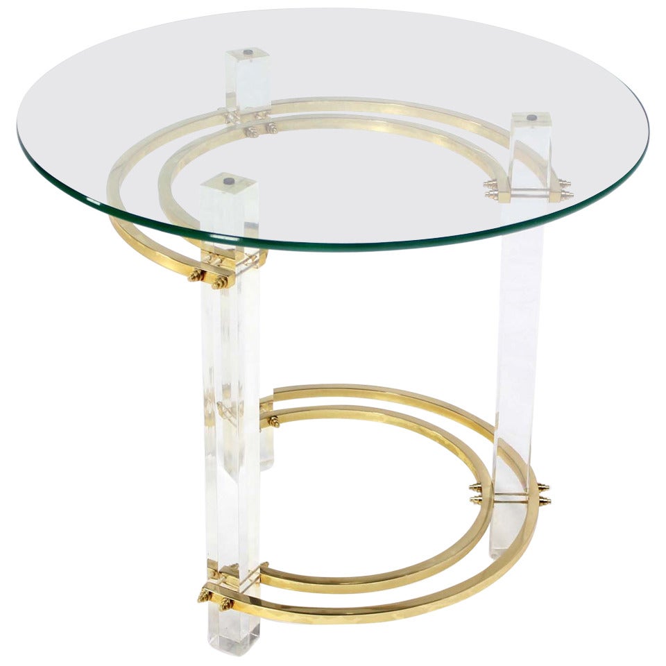Brass Lucite Base Glass Top Mid Century Occasional Coffee End Table Stand