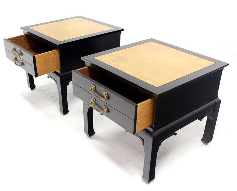 20th Century Pair of Modern Black Lacquer Gold Leaf-Top End Tables