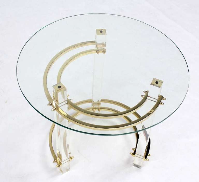 Brass Lucite Base Glass Top Mid Century Occasional Coffee End Table Stand 3