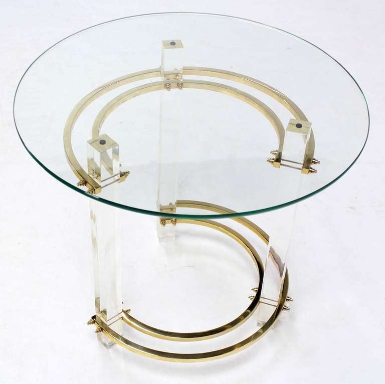 Brass Lucite Base Glass Top Mid Century Occasional Coffee End Table Stand 2
