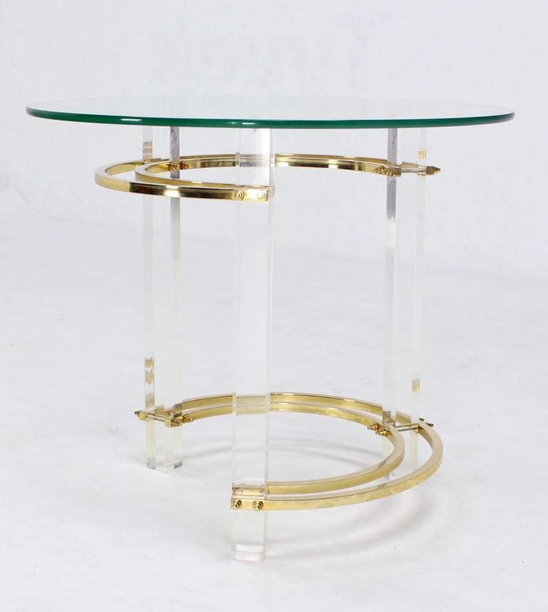 Brass Lucite Base Glass Top Mid Century Occasional Coffee End Table Stand 1