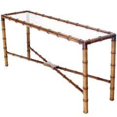 Mid Century Modern Faux Bamboo Smoked Glass Top Console Table