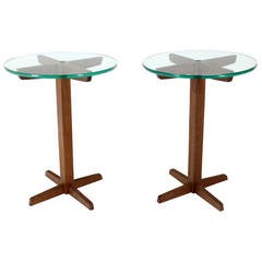 Pair of Mid Century Modern Glass Top Solid Walnut X-Base End or Side Tables