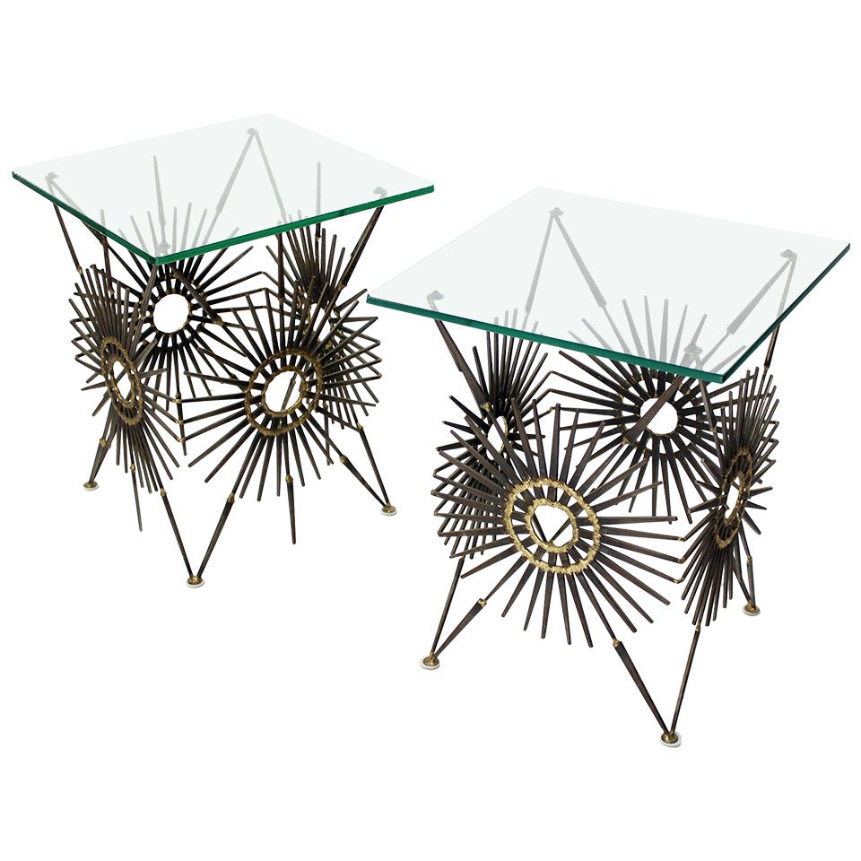 Pair of Sunburst Base End or Side Tables by William Bowie