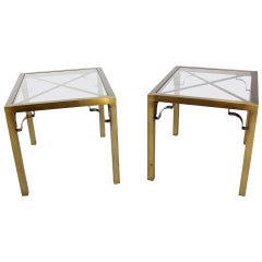 Pair of Mid-Century Modern Cross Brass Base and Glass-Top Side or End Tables