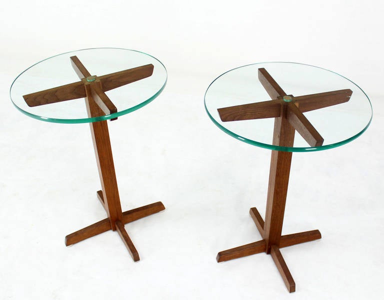 Lacquered Pair of Mid Century Modern Glass Top Solid Walnut X-Base End or Side Tables