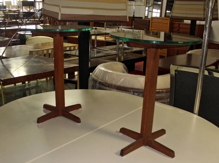Pair of Mid Century Modern Glass Top Solid Walnut X-Base End or Side Tables 1