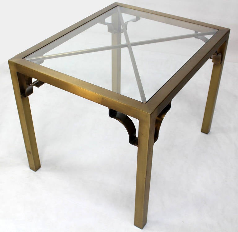 Late 20th Century Pair of Mid-Century Modern Cross Brass Base and Glass-Top Side or End Tables