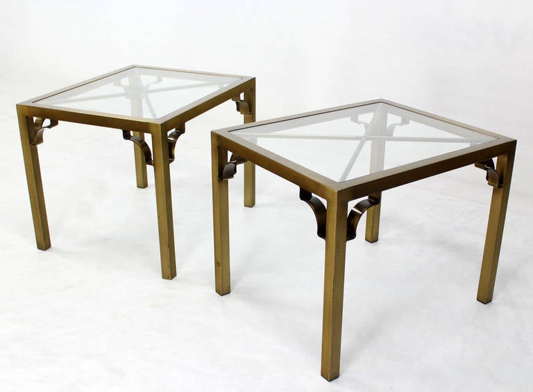 Pair of Mid-Century Modern Cross Brass Base and Glass-Top Side or End Tables 4