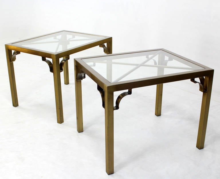 American Pair of Mid-Century Modern Cross Brass Base and Glass-Top Side or End Tables