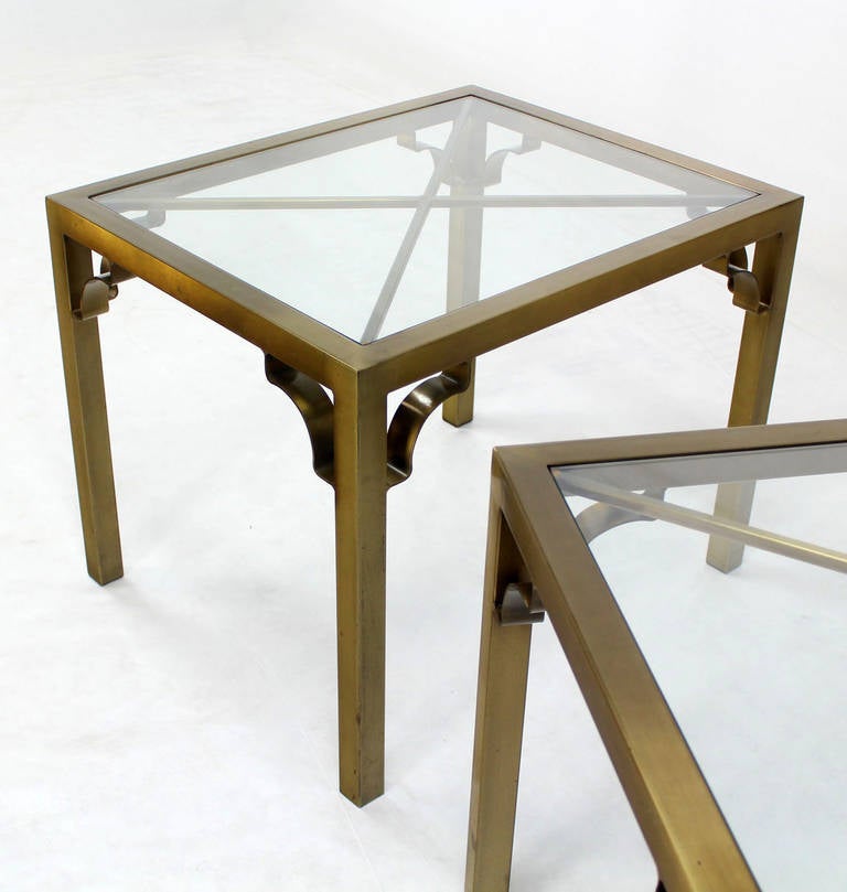 Pair of Mid-Century Modern Cross Brass Base and Glass-Top Side or End Tables In Excellent Condition In Rockaway, NJ
