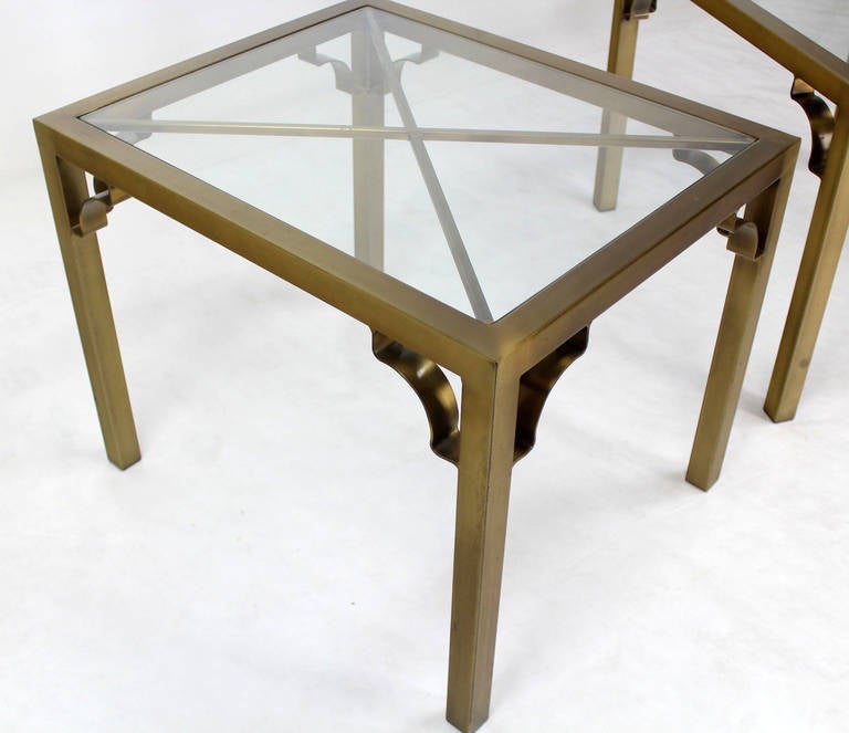 Pair of Mid-Century Modern Cross Brass Base and Glass-Top Side or End Tables 5