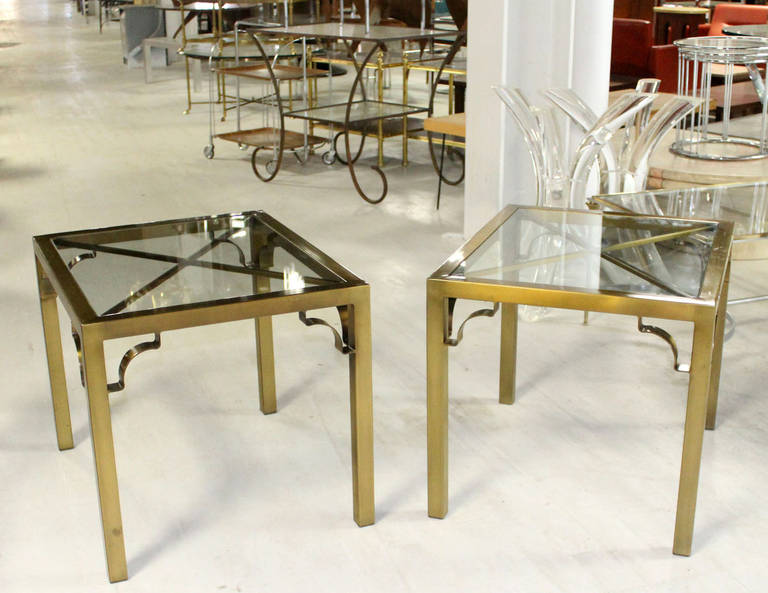 Pair of Mid-Century Modern Cross Brass Base and Glass-Top Side or End Tables 2