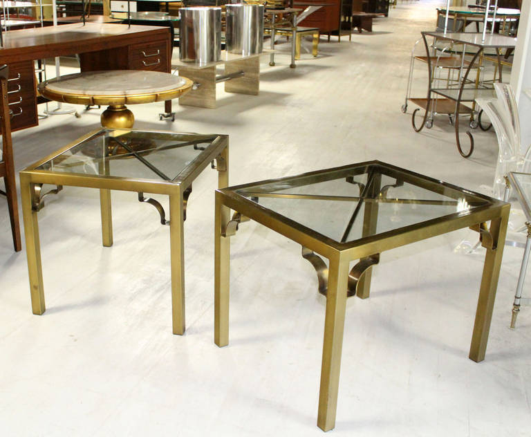 Pair of Mid-Century Modern Cross Brass Base and Glass-Top Side or End Tables 3