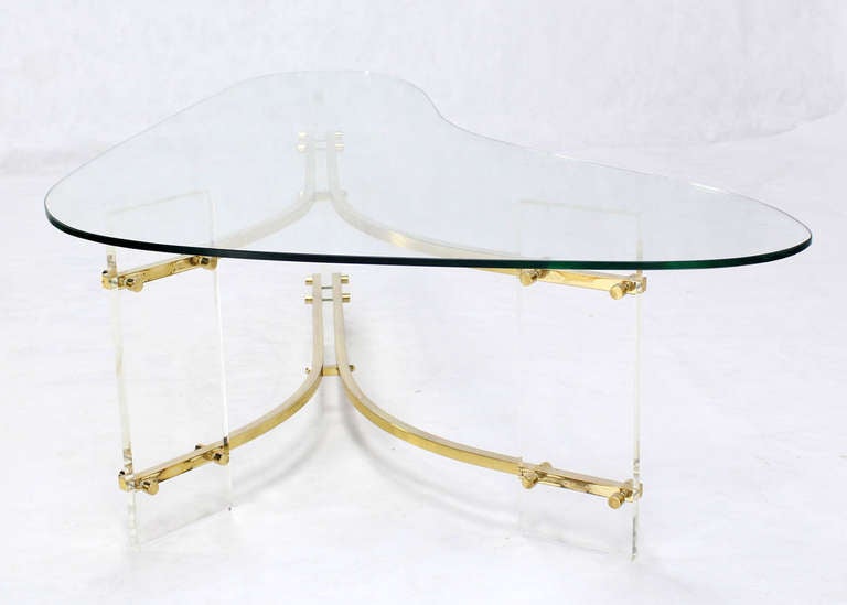 Brass Mid Century Modern Kidney Shape Glass Top Coffee Table