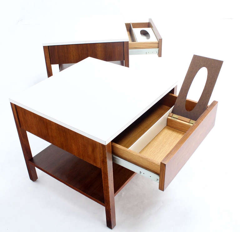 Pair of Knoll walnut stands with built in napkin dispensers.