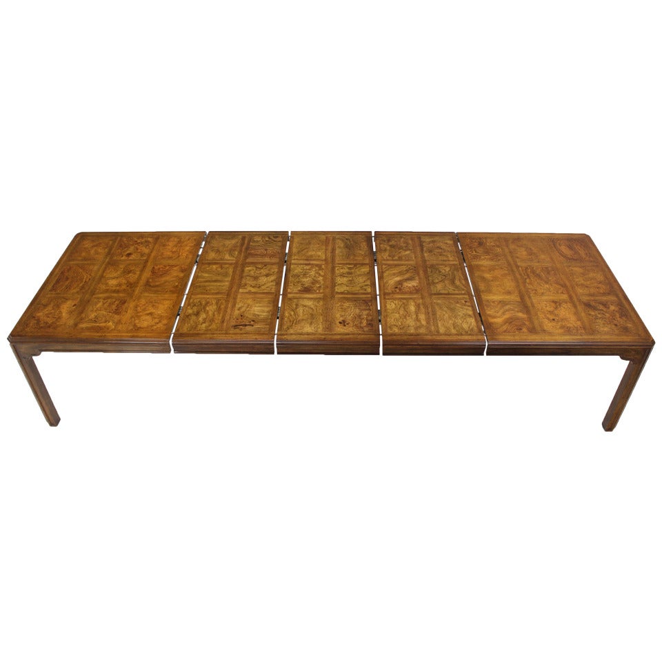 Long Drexel Modern Burl Wood Dining Banquet Table with Three Leaves