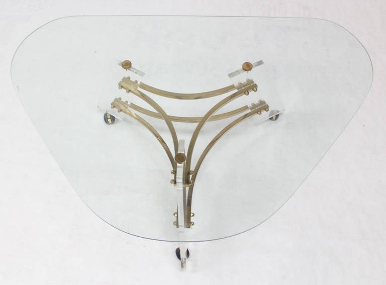 20th Century Midcentury Modern Kidney Shape Brass and Lucite Base Coffee Table