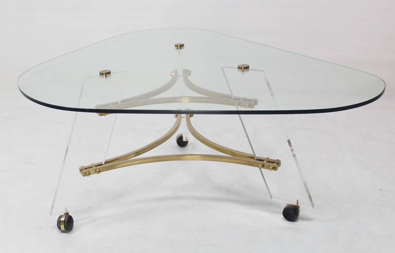 Midcentury Modern Kidney Shape Brass and Lucite Base Coffee Table 2