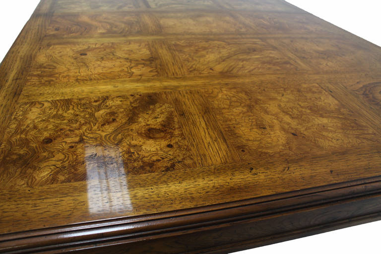 Long Drexel Modern Burl Wood Dining Banquet Table with Three Leaves In Excellent Condition In Rockaway, NJ