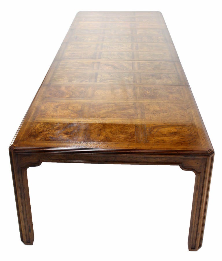 20th Century Long Drexel Modern Burl Wood Dining Banquet Table with Three Leaves