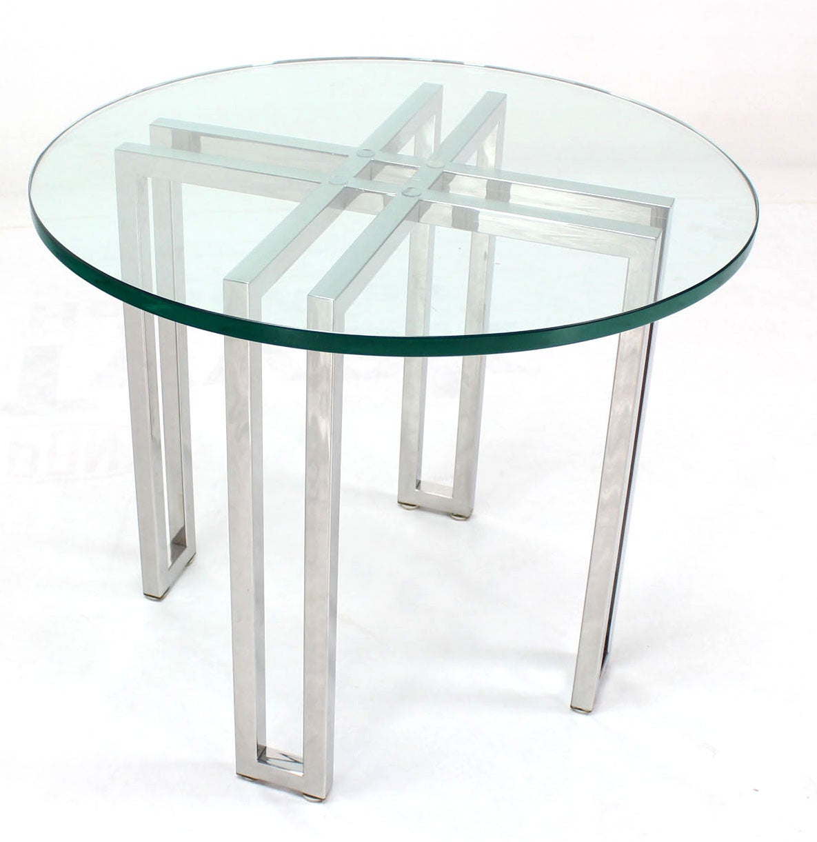 Polished Mid-Century Modern Round Chrome Base and Glass-Top Side Table