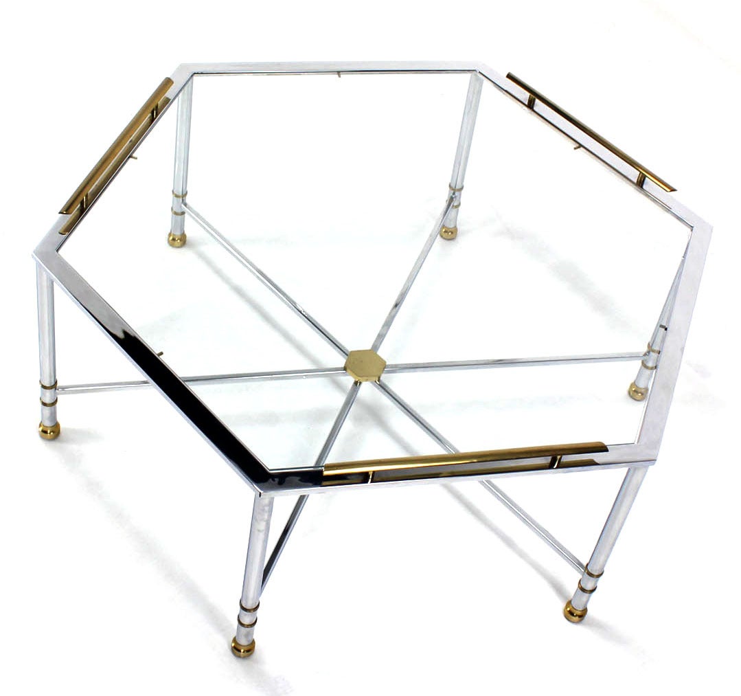 Chrome Brass Glass Hexagon Coffee Table Maison Jansen 1