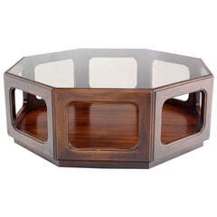 Mid-Century Modern Hexagon Walnut Base, Smoked Glass-Top Coffee Table