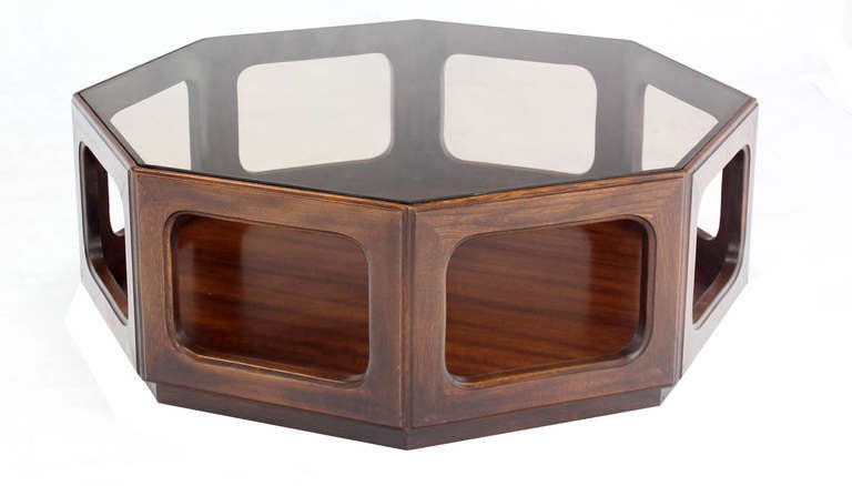 Mid-Century Modern Hexagon Walnut Base, Smoked Glass-Top Coffee Table 1