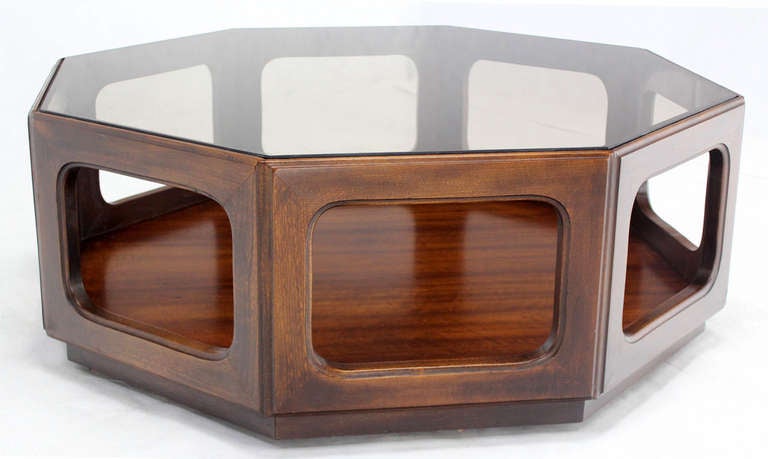 Mid-Century Modern Hexagon Walnut Base, Smoked Glass-Top Coffee Table 3