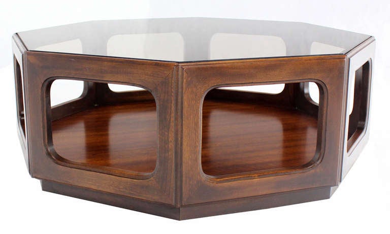 Mid-Century Modern Hexagon Walnut Base, Smoked Glass-Top Coffee Table 2