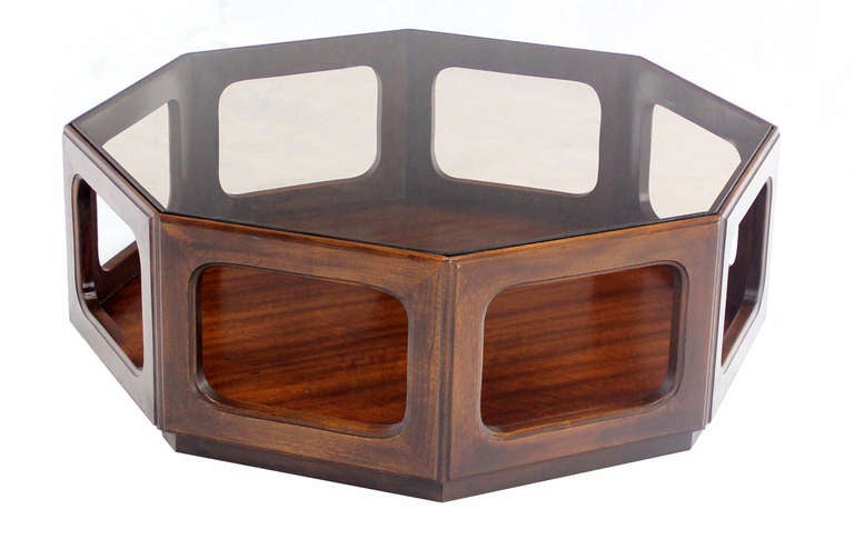 Mid-Century Modern Hexagon Walnut Base, Smoked Glass-Top Coffee Table 4