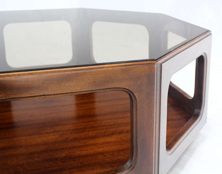 20th Century Mid-Century Modern Hexagon Walnut Base, Smoked Glass-Top Coffee Table