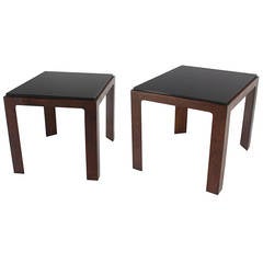 Used Pair of Mid-Century Modern Walnut Base, Black Granite-Top End Tables