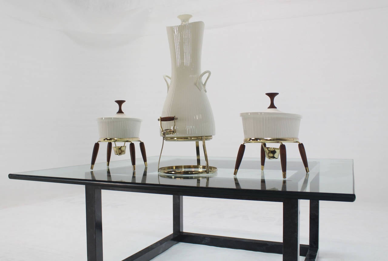 Pair of bone china porcelain mid-century modern tureens and a matching drink dispenser. Ernest Sohn.