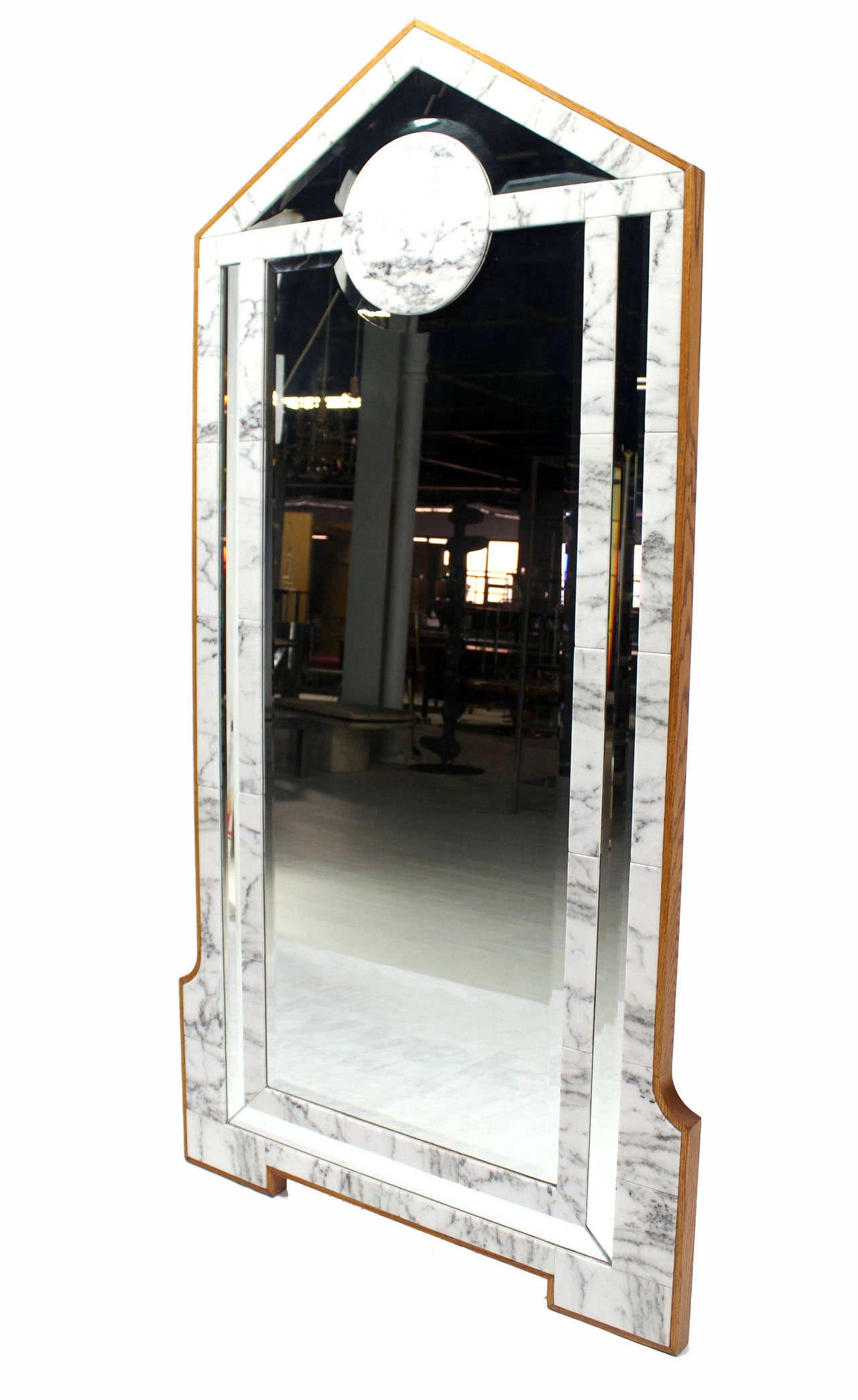 Large Mid Century Modern Marble and Wood Frame Floor Mirror Cheval