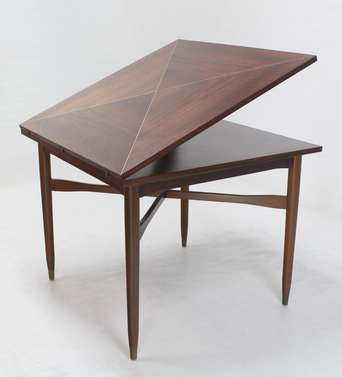 Walnut-Top with Brass Inlay, Mid-Century Modern Expandable Game Table 1