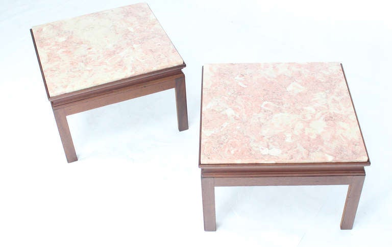 Mid-Century Modern Pair Low Profile Square Marble Top Side End Tables MINT! 1