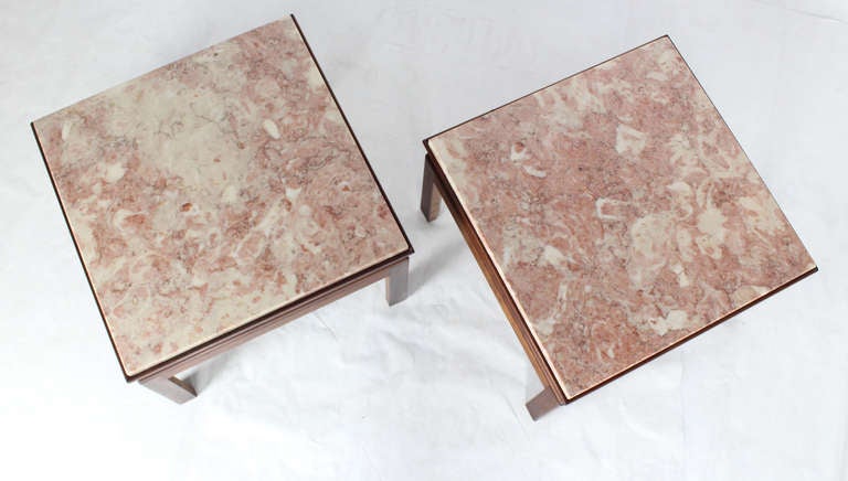 Mid-Century Modern Pair Low Profile Square Marble Top Side End Tables MINT! 2