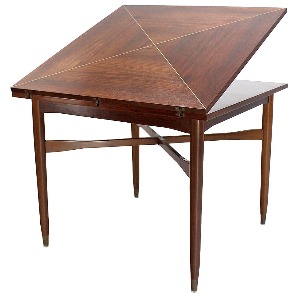 Walnut-Top with Brass Inlay, Mid-Century Modern Expandable Game Table