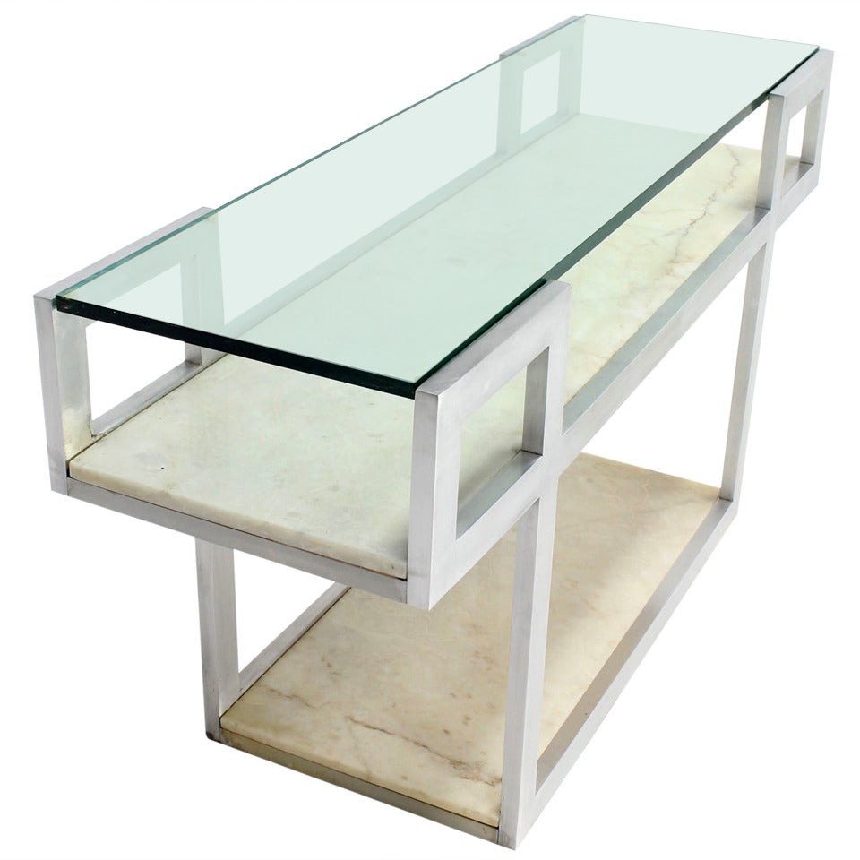 Mid-Century Modern Console Display Table with Marble Shelves