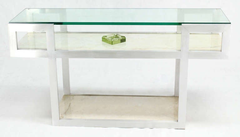 Very nice mid century modern glass top aluminum frame marble shelves console table.